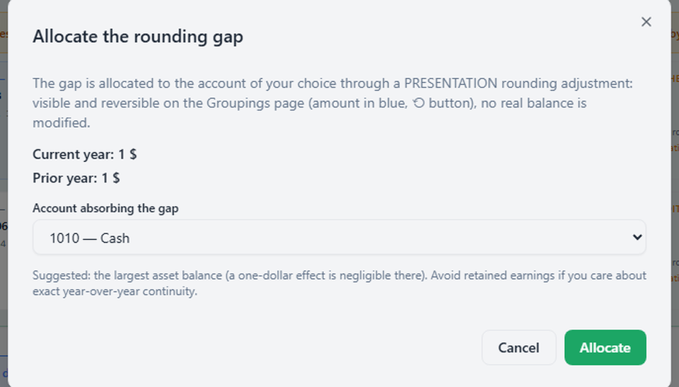 Allocate the rounding gap window with cash selected