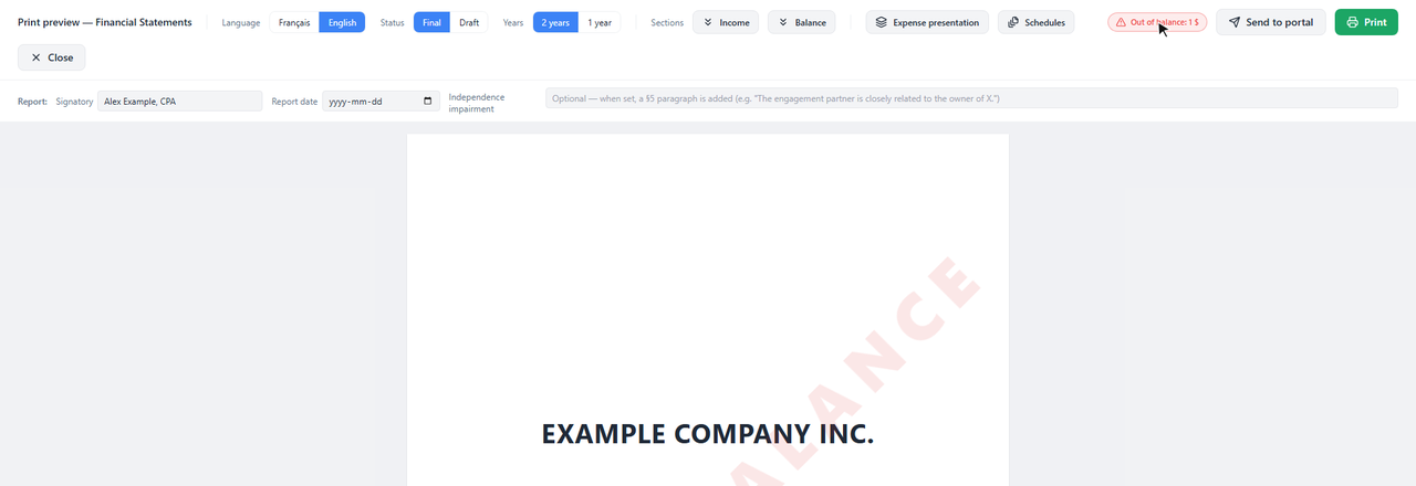 Financial statements print preview with the Out of balance badge