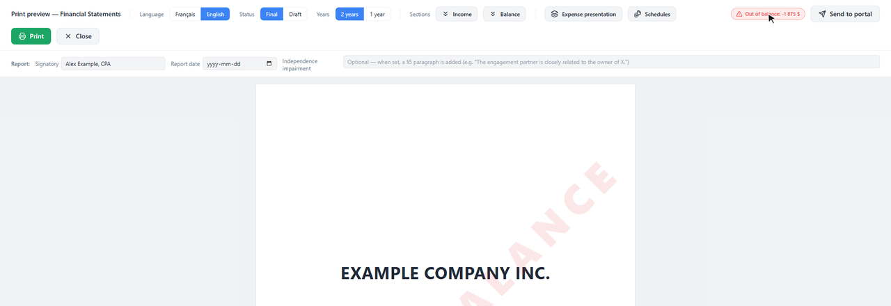 Financial statements print preview with the Out of balance: -1 875 $ badge