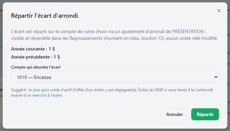 Fenêtre Répartir l'écart d'arrondi avec l'encaisse choisie
